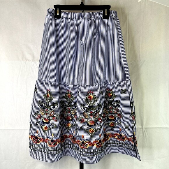 MAGIC Striped Floral Aline Embroidered Elastic Waist Midi Boho Skirt Size Small - Picture 2 of 10